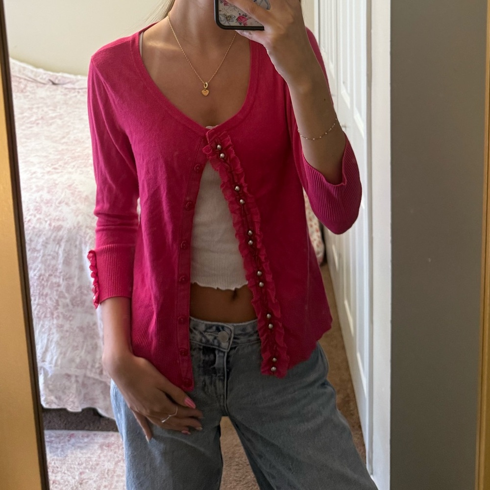 Women’s Hot Pink Button-Front Ruffle Sweater Cardigan